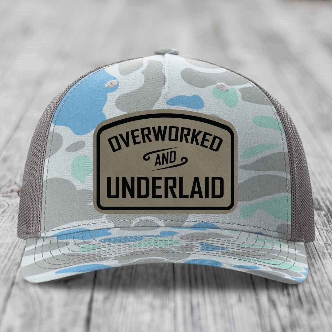 Overworked and Underlaid - Leather Patch Hat - Light Brown to Black Patch - Richardson 112PFP Snapback Trucker Hat