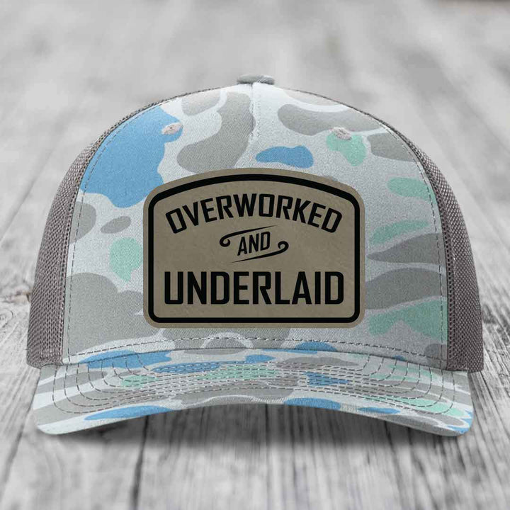 Overworked and Underlaid - Leather Patch Hat - Light Brown to Black Patch - Richardson 112PFP Snapback Trucker Hat