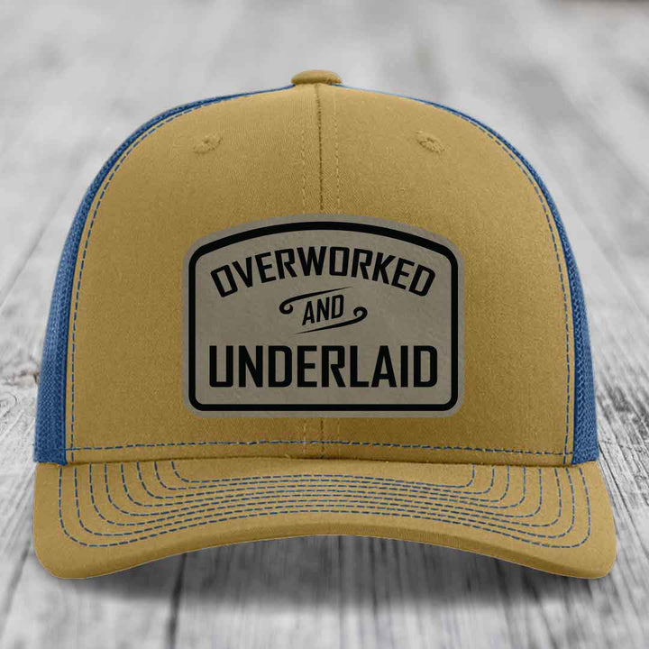 Overworked and Underlaid - Leather Patch Hat - Light Brown to Black Patch - Richardson 112 Snapback Trucker Hat