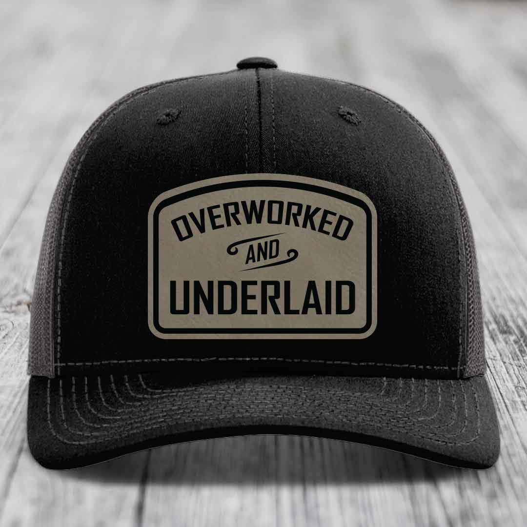 Overworked and Underlaid - Leather Patch Hat - Light Brown to Black Patch - Richardson 112 Snapback Trucker Hat