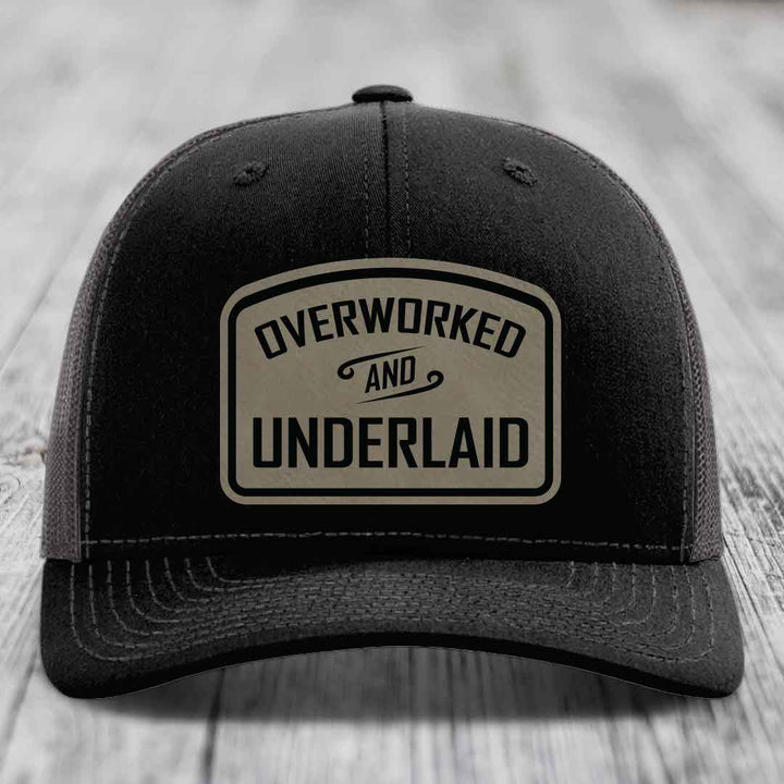 Overworked and Underlaid - Leather Patch Hat - Light Brown to Black Patch - Richardson 112 Snapback Trucker Hat