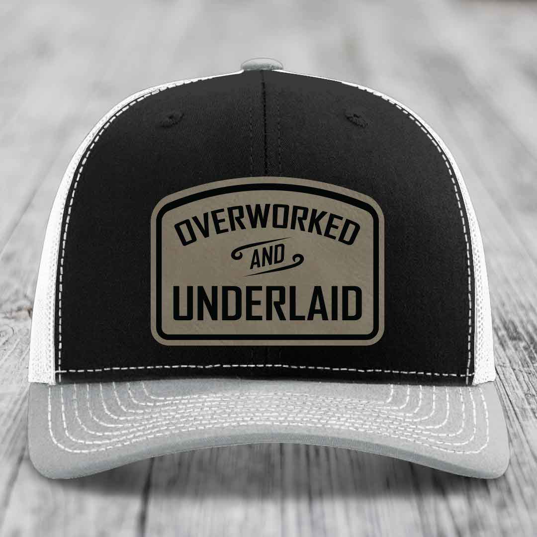 Overworked and Underlaid - Leather Patch Hat - Light Brown to Black Patch - Richardson 112 Snapback Trucker Hat