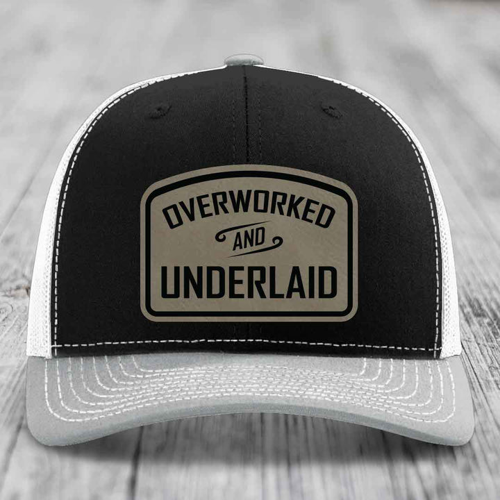 Overworked and Underlaid - Leather Patch Hat - Light Brown to Black Patch - Richardson 112 Snapback Trucker Hat