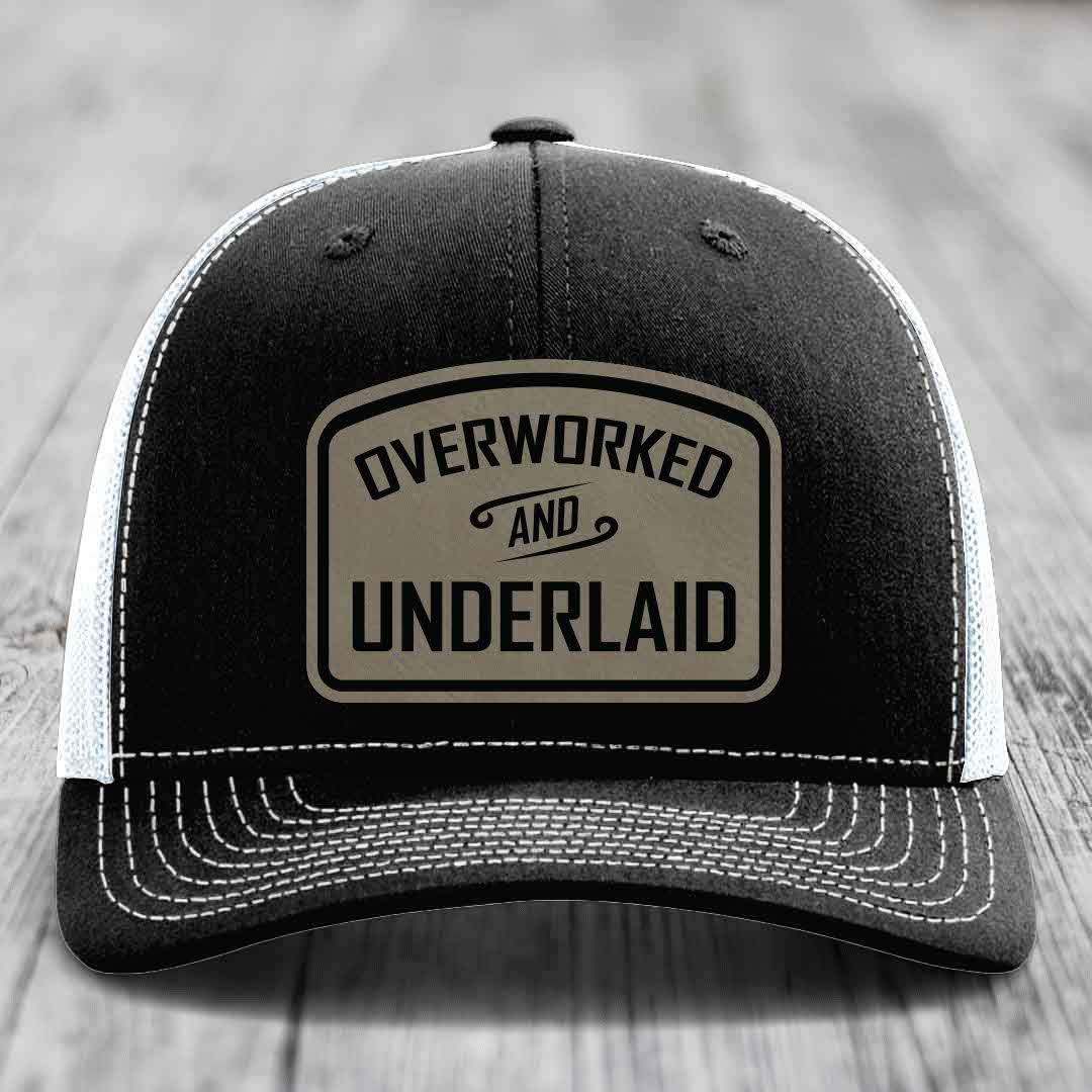 Overworked and Underlaid - Leather Patch Hat - Light Brown to Black Patch - Richardson 112 Snapback Trucker Hat
