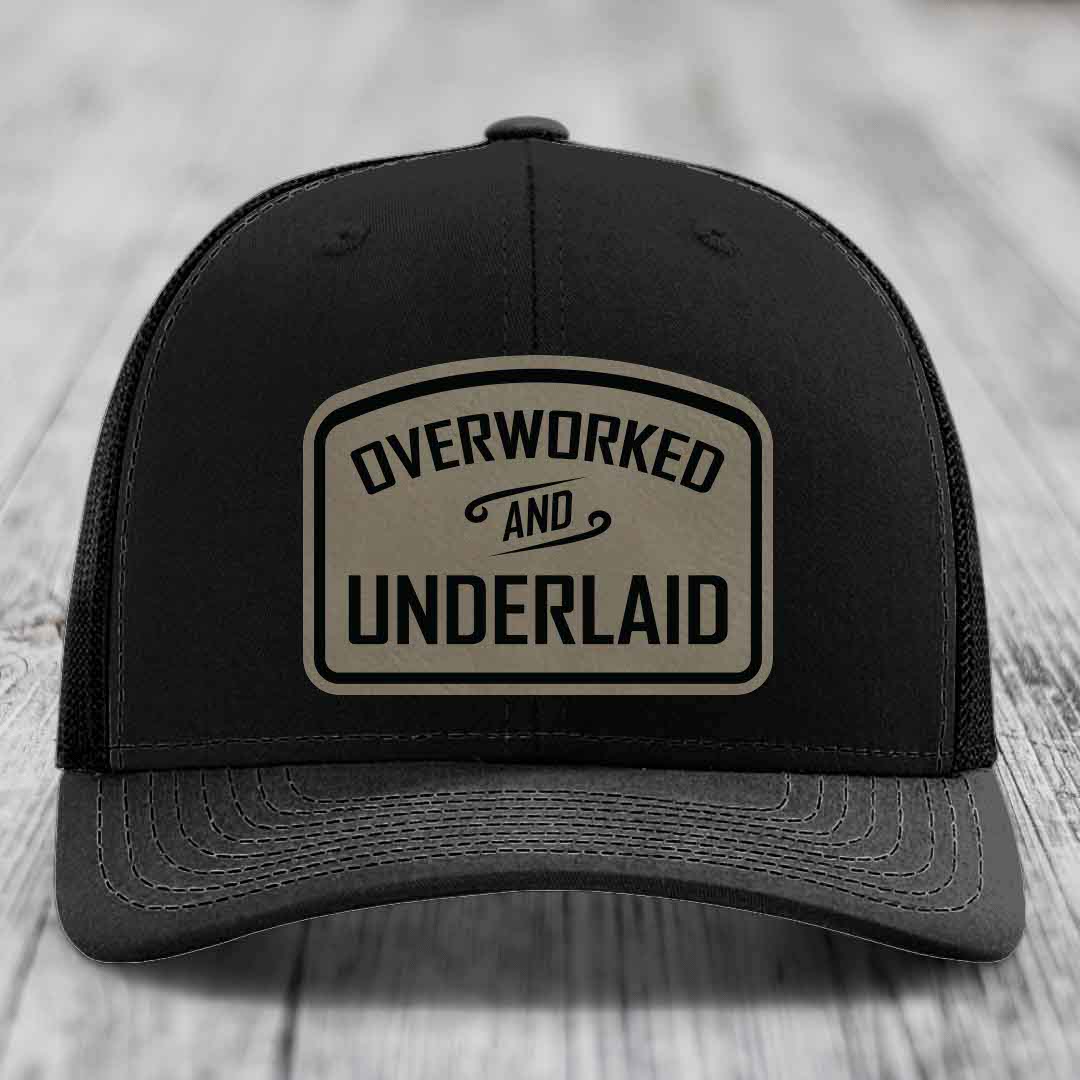 Overworked and Underlaid - Leather Patch Hat - Light Brown to Black Patch - Richardson 112 Snapback Trucker Hat