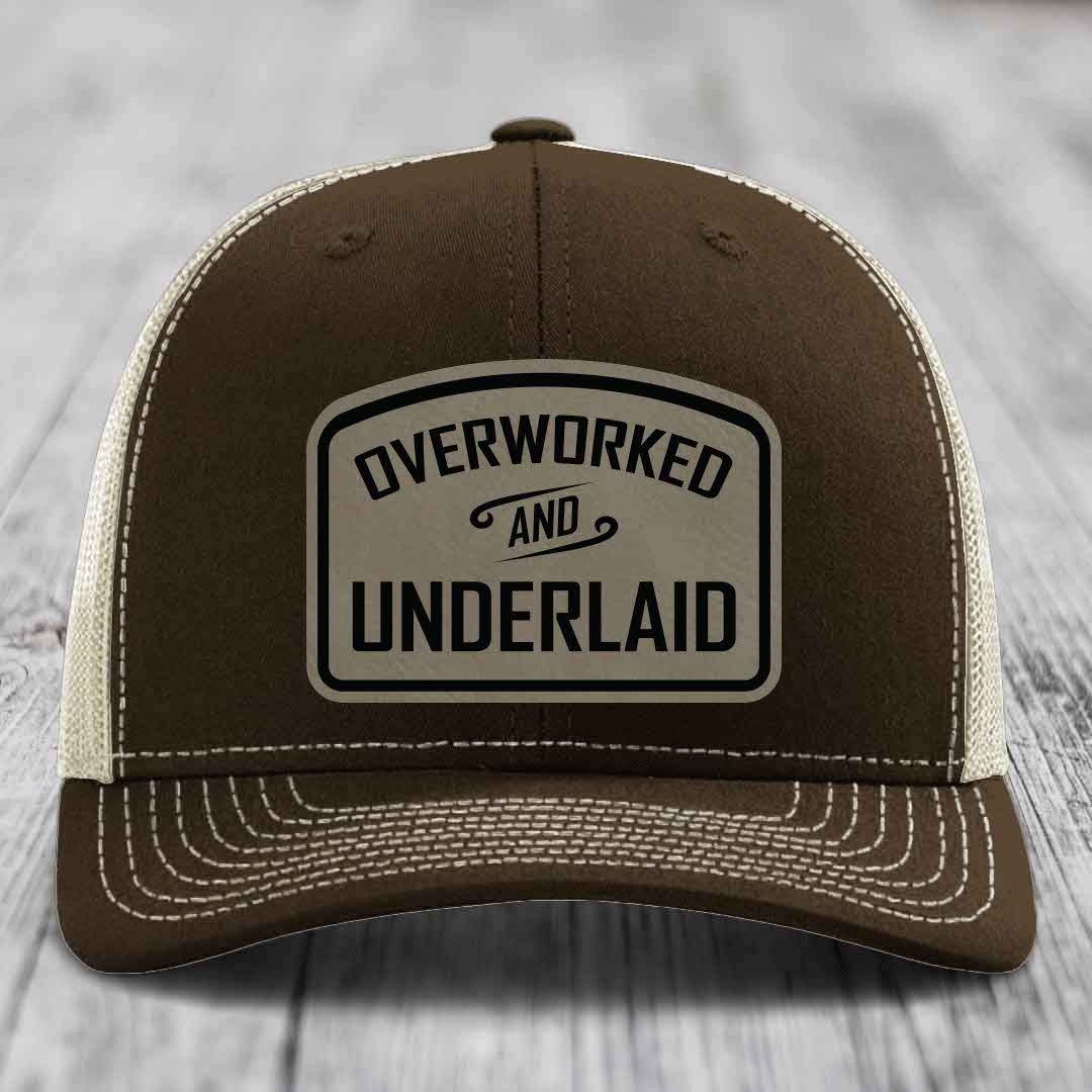 Overworked and Underlaid - Leather Patch Hat - Light Brown to Black Patch - Richardson 112 Snapback Trucker Hat