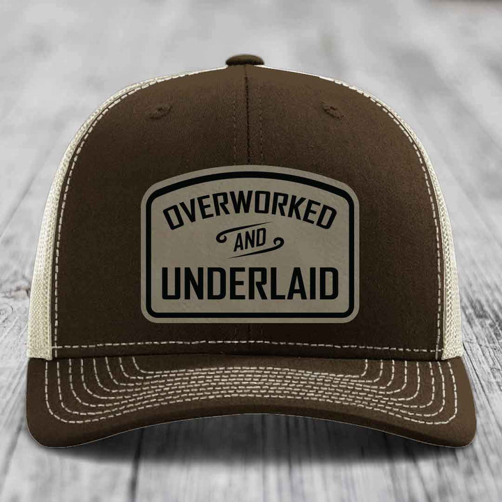 Overworked and Underlaid - Leather Patch Hat - Light Brown to Black Patch - Richardson 112 Snapback Trucker Hat
