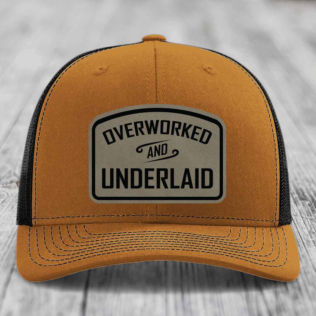 Overworked and Underlaid - Leather Patch Hat - Light Brown to Black Patch - Richardson 112 Snapback Trucker Hat