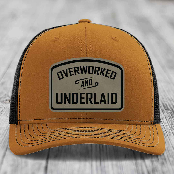 Overworked and Underlaid - Leather Patch Hat - Light Brown to Black Patch - Richardson 112 Snapback Trucker Hat
