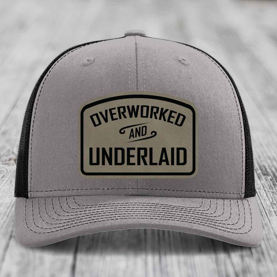 Overworked and Underlaid - Leather Patch Hat - Light Brown to Black Patch - Richardson 112 Snapback Trucker Hat