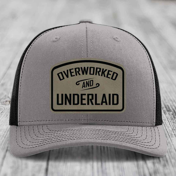 Overworked and Underlaid - Leather Patch Hat - Light Brown to Black Patch - Richardson 112 Snapback Trucker Hat