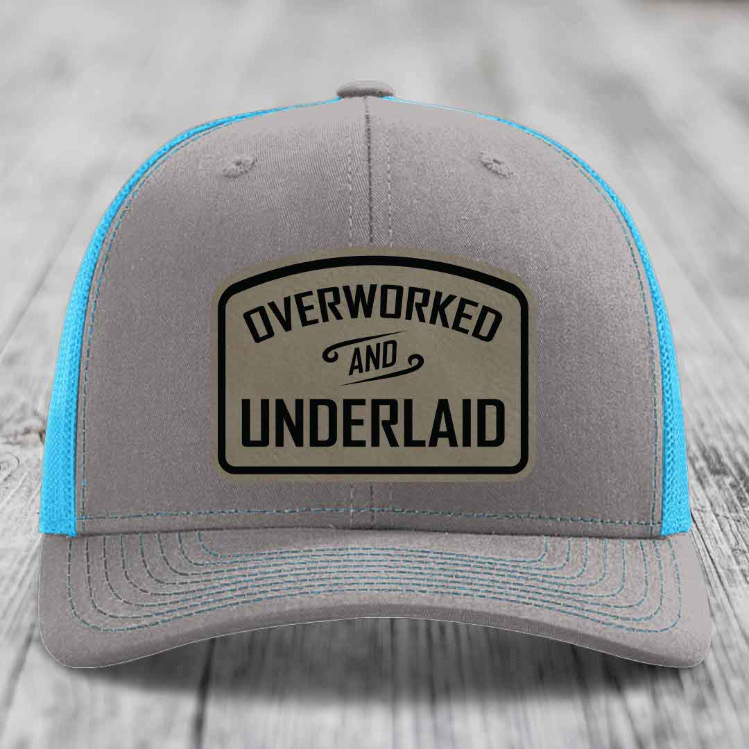 Overworked and Underlaid - Leather Patch Hat - Light Brown to Black Patch - Richardson 112 Snapback Trucker Hat