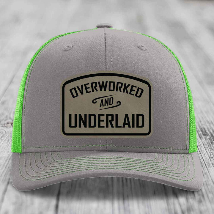 Overworked and Underlaid - Leather Patch Hat - Light Brown to Black Patch - Richardson 112 Snapback Trucker Hat