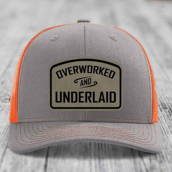 Overworked and Underlaid - Leather Patch Hat - Light Brown to Black Patch - Richardson 112 Snapback Trucker Hat