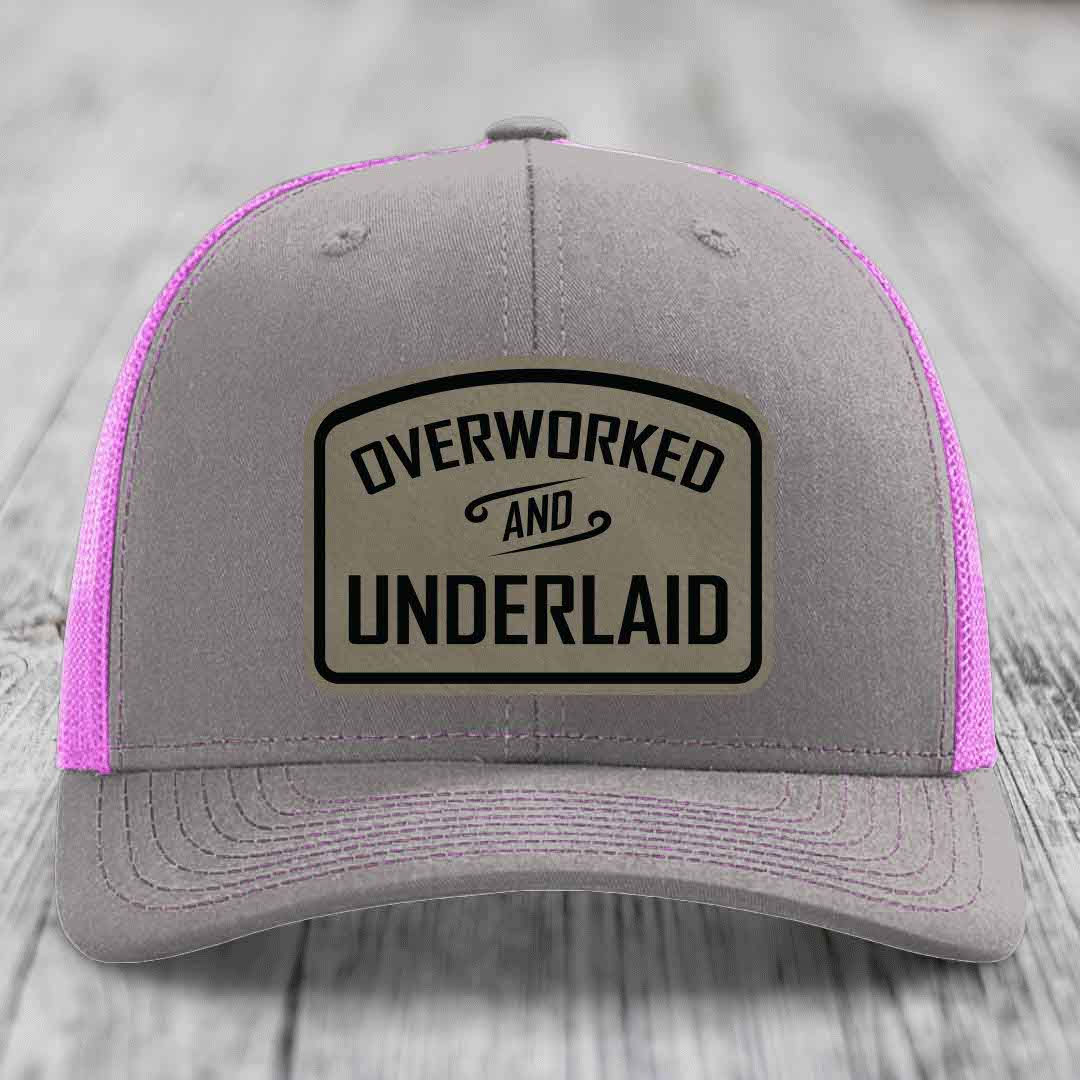 Overworked and Underlaid - Leather Patch Hat - Light Brown to Black Patch - Richardson 112 Snapback Trucker Hat