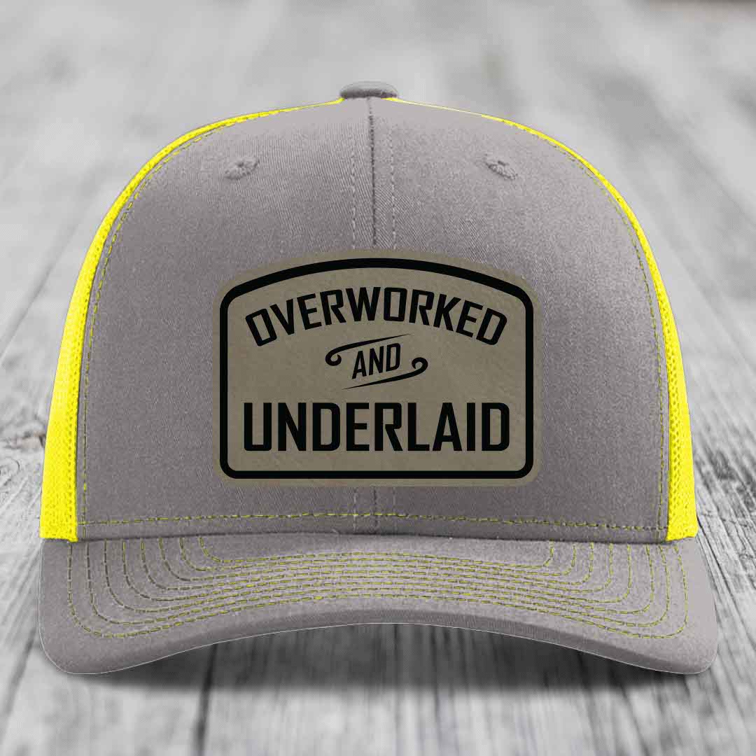 Overworked and Underlaid - Leather Patch Hat - Light Brown to Black Patch - Richardson 112 Snapback Trucker Hat
