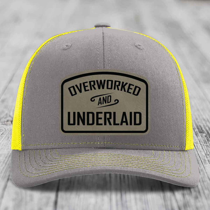 Overworked and Underlaid - Leather Patch Hat - Light Brown to Black Patch - Richardson 112 Snapback Trucker Hat