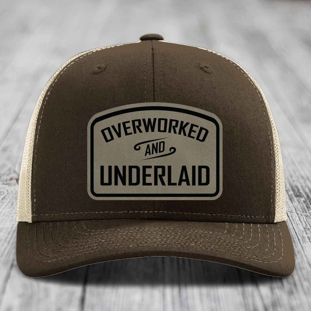 Overworked and Underlaid - Leather Patch Hat - Light Brown to Black Patch - Richardson 112 Snapback Trucker Hat
