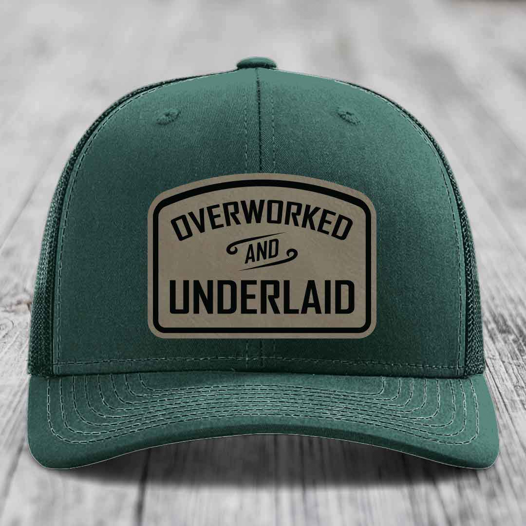 Overworked and Underlaid - Leather Patch Hat - Light Brown to Black Patch - Richardson 112 Snapback Trucker Hat