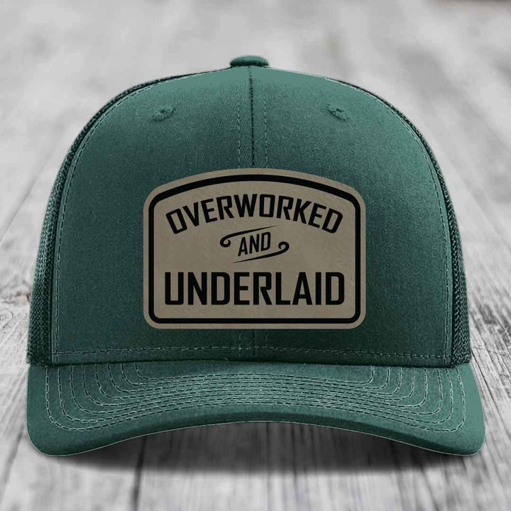 Overworked and Underlaid - Leather Patch Hat - Light Brown to Black Patch - Richardson 112 Snapback Trucker Hat