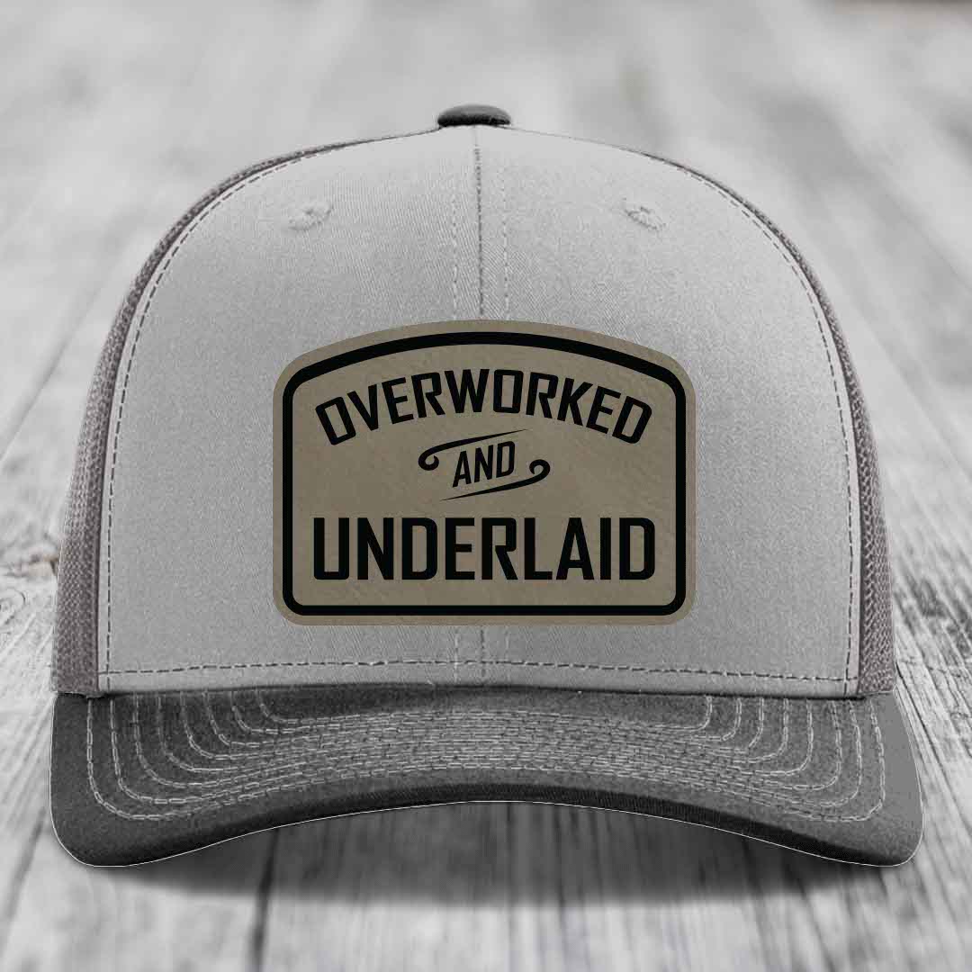 Overworked and Underlaid - Leather Patch Hat - Light Brown to Black Patch - Richardson 112 Snapback Trucker Hat