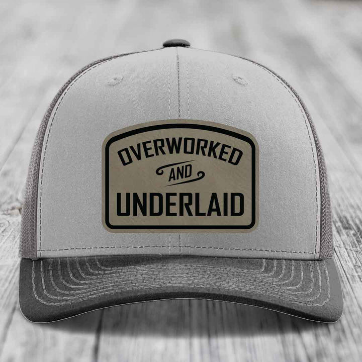 Overworked and Underlaid - Leather Patch Hat - Light Brown to Black Patch - Richardson 112 Snapback Trucker Hat