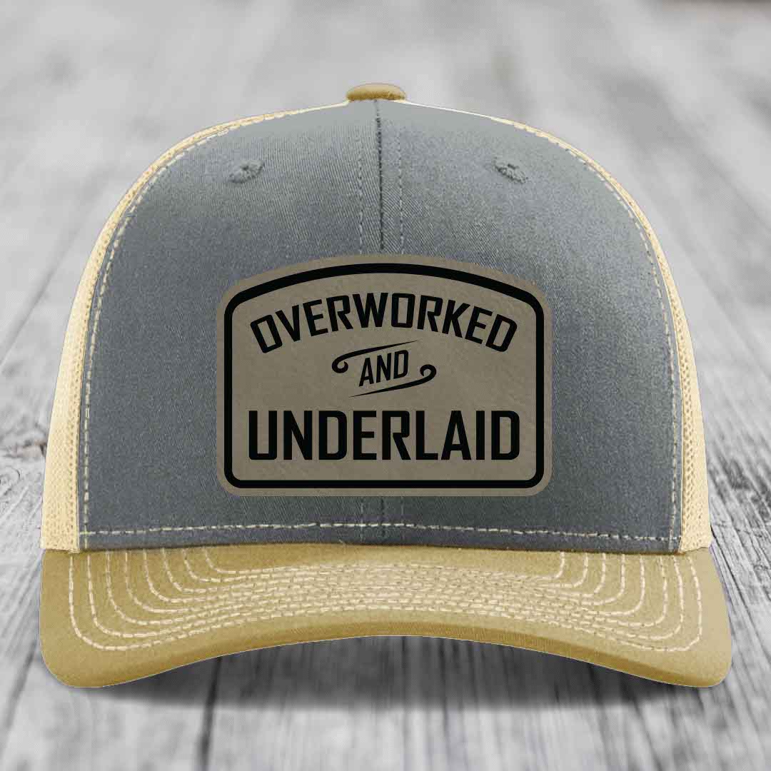 Overworked and Underlaid - Leather Patch Hat - Light Brown to Black Patch - Richardson 112 Snapback Trucker Hat
