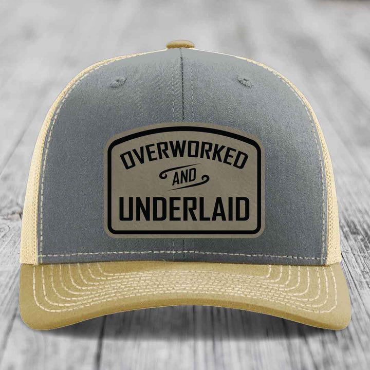 Overworked and Underlaid - Leather Patch Hat - Light Brown to Black Patch - Richardson 112 Snapback Trucker Hat