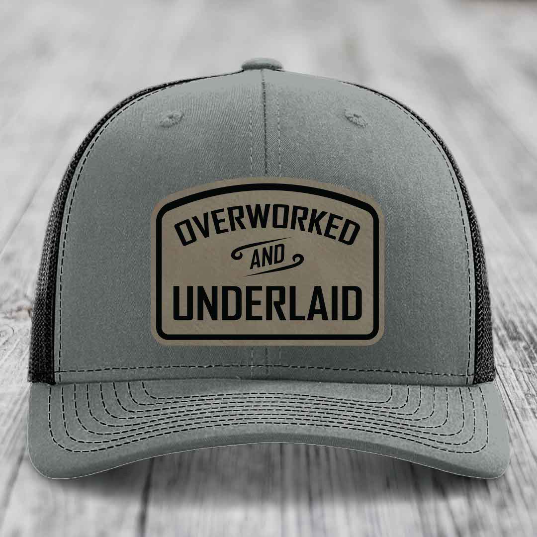 Overworked and Underlaid - Leather Patch Hat - Light Brown to Black Patch - Richardson 112 Snapback Trucker Hat