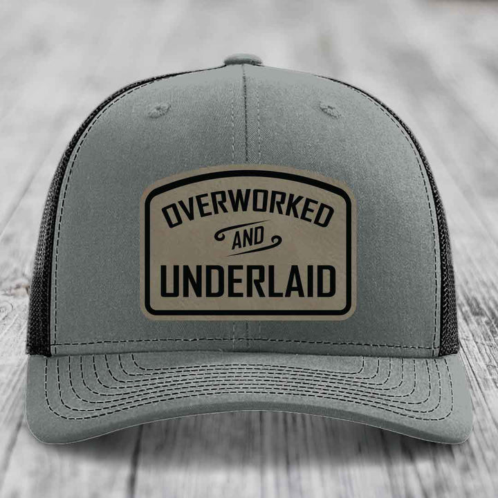 Overworked and Underlaid - Leather Patch Hat - Light Brown to Black Patch - Richardson 112 Snapback Trucker Hat