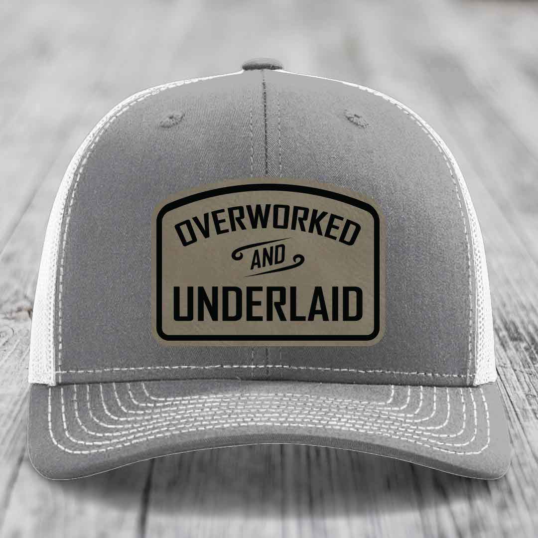 Overworked and Underlaid - Leather Patch Hat - Light Brown to Black Patch - Richardson 112 Snapback Trucker Hat