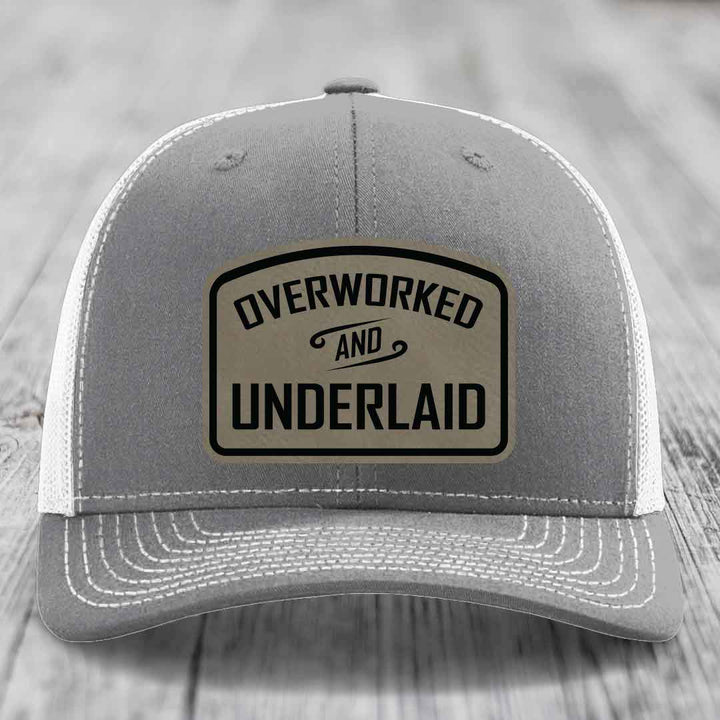 Overworked and Underlaid - Leather Patch Hat - Light Brown to Black Patch - Richardson 112 Snapback Trucker Hat