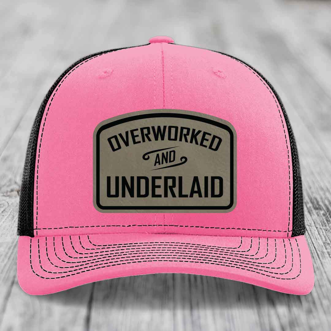 Overworked and Underlaid - Leather Patch Hat - Light Brown to Black Patch - Richardson 112 Snapback Trucker Hat