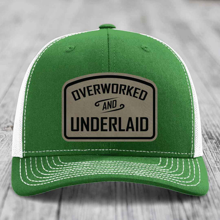 Overworked and Underlaid - Leather Patch Hat - Light Brown to Black Patch - Richardson 112 Snapback Trucker Hat