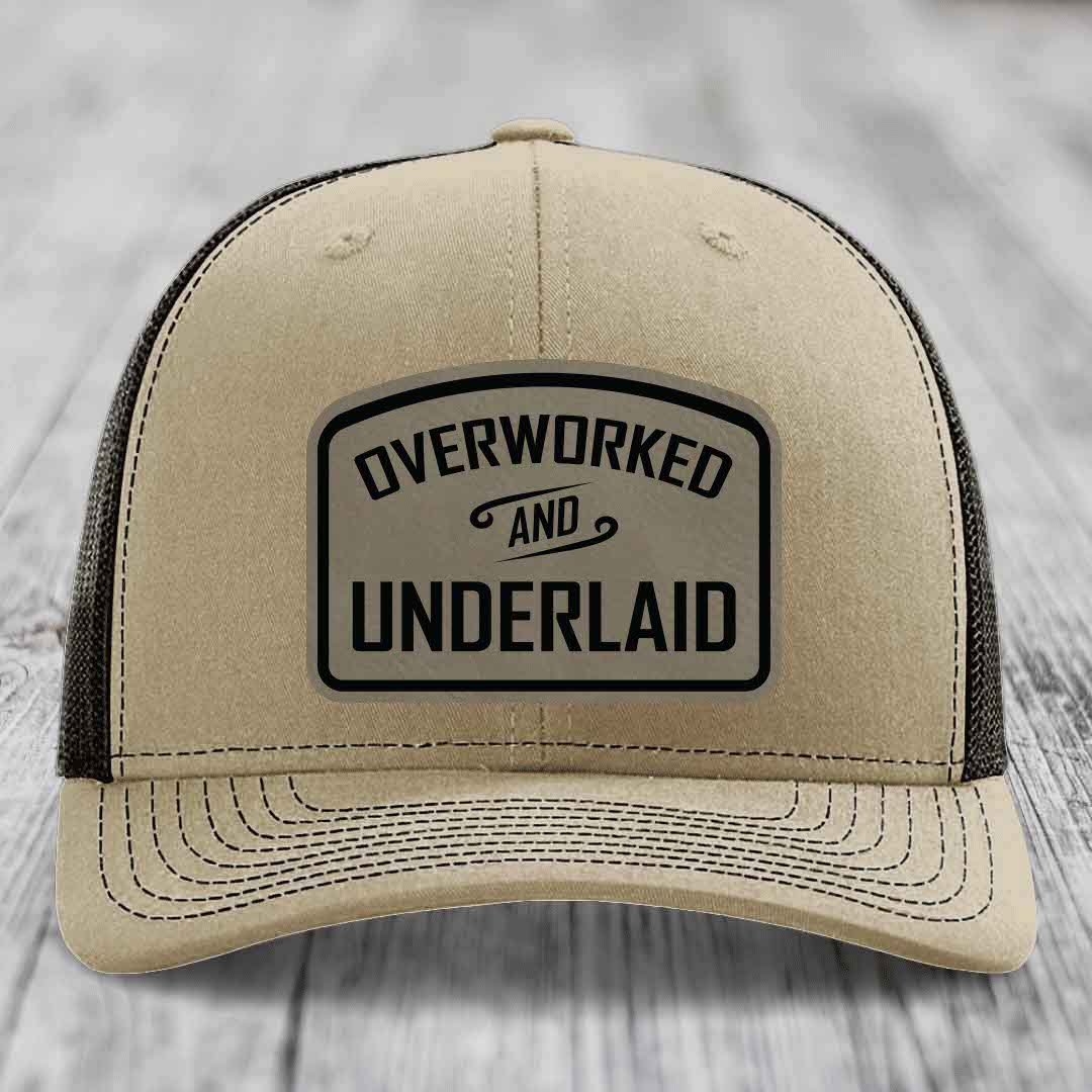 Overworked and Underlaid - Leather Patch Hat - Light Brown to Black Patch - Richardson 112 Snapback Trucker Hat
