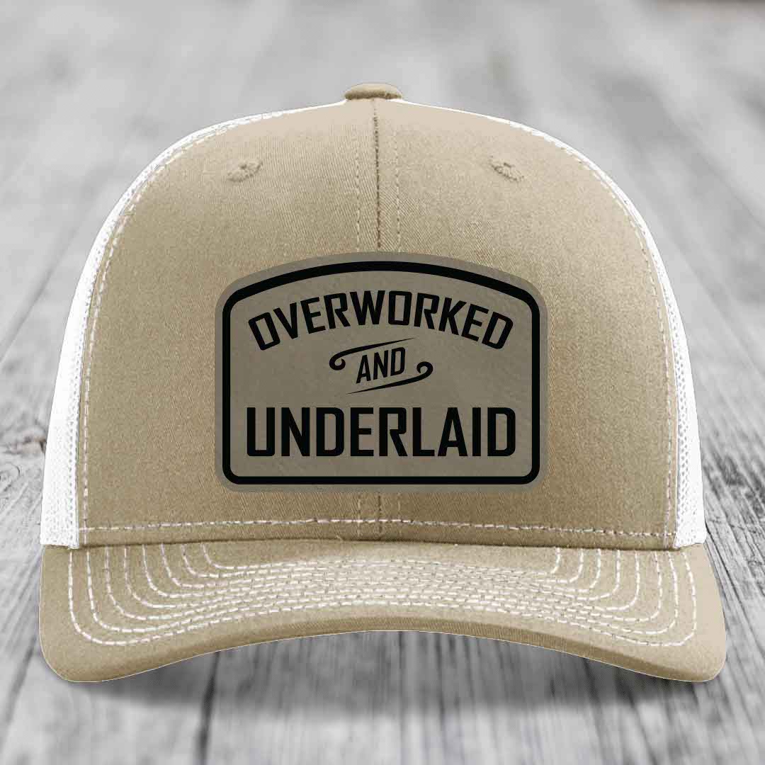 Overworked and Underlaid - Leather Patch Hat - Light Brown to Black Patch - Richardson 112 Snapback Trucker Hat