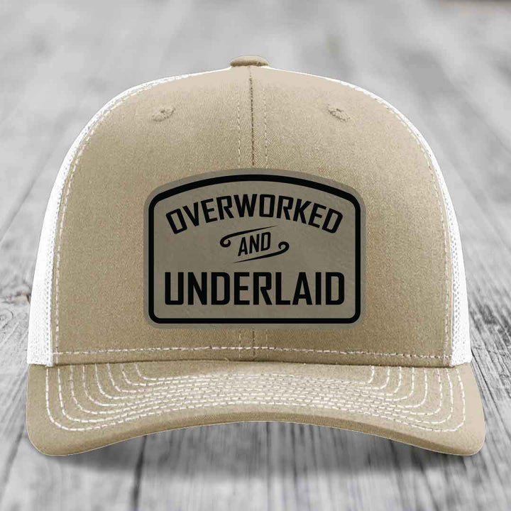 Overworked and Underlaid - Leather Patch Hat - Light Brown to Black Patch - Richardson 112 Snapback Trucker Hat