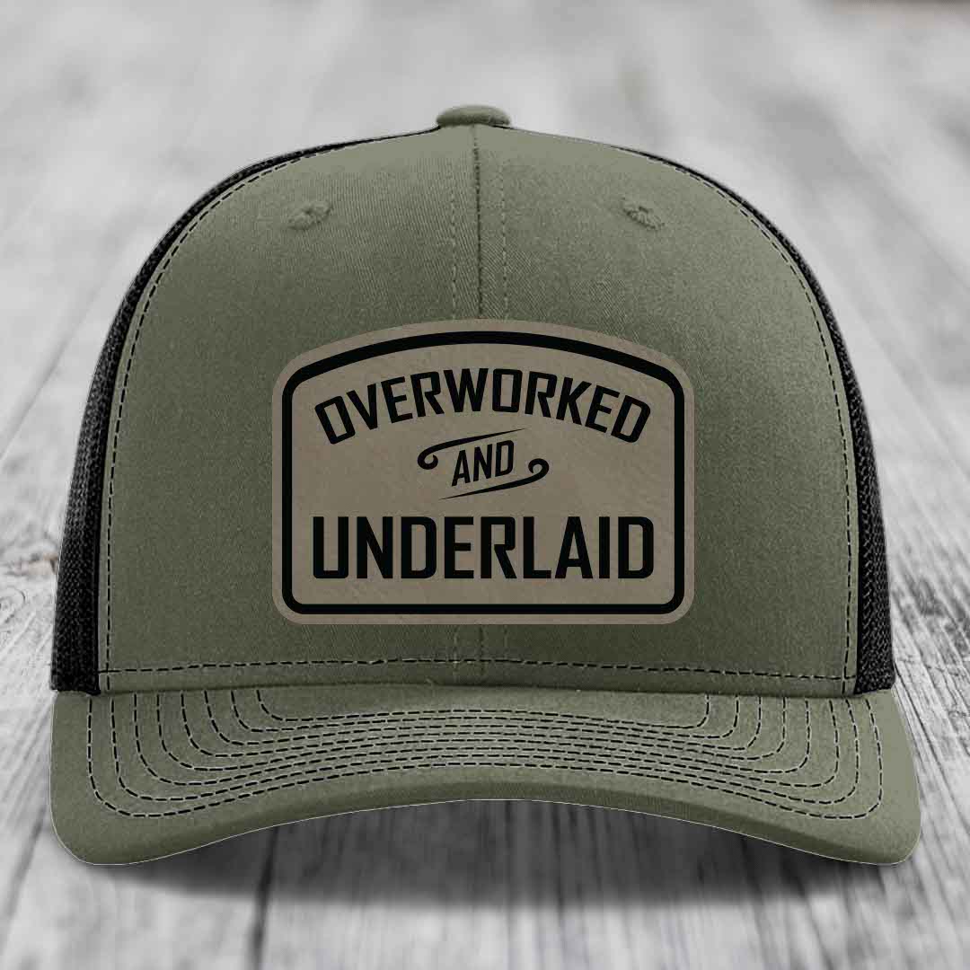 Overworked and Underlaid - Leather Patch Hat - Light Brown to Black Patch - Richardson 112 Snapback Trucker Hat