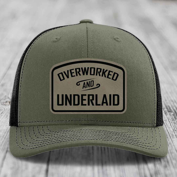 Overworked and Underlaid - Leather Patch Hat - Light Brown to Black Patch - Richardson 112 Snapback Trucker Hat