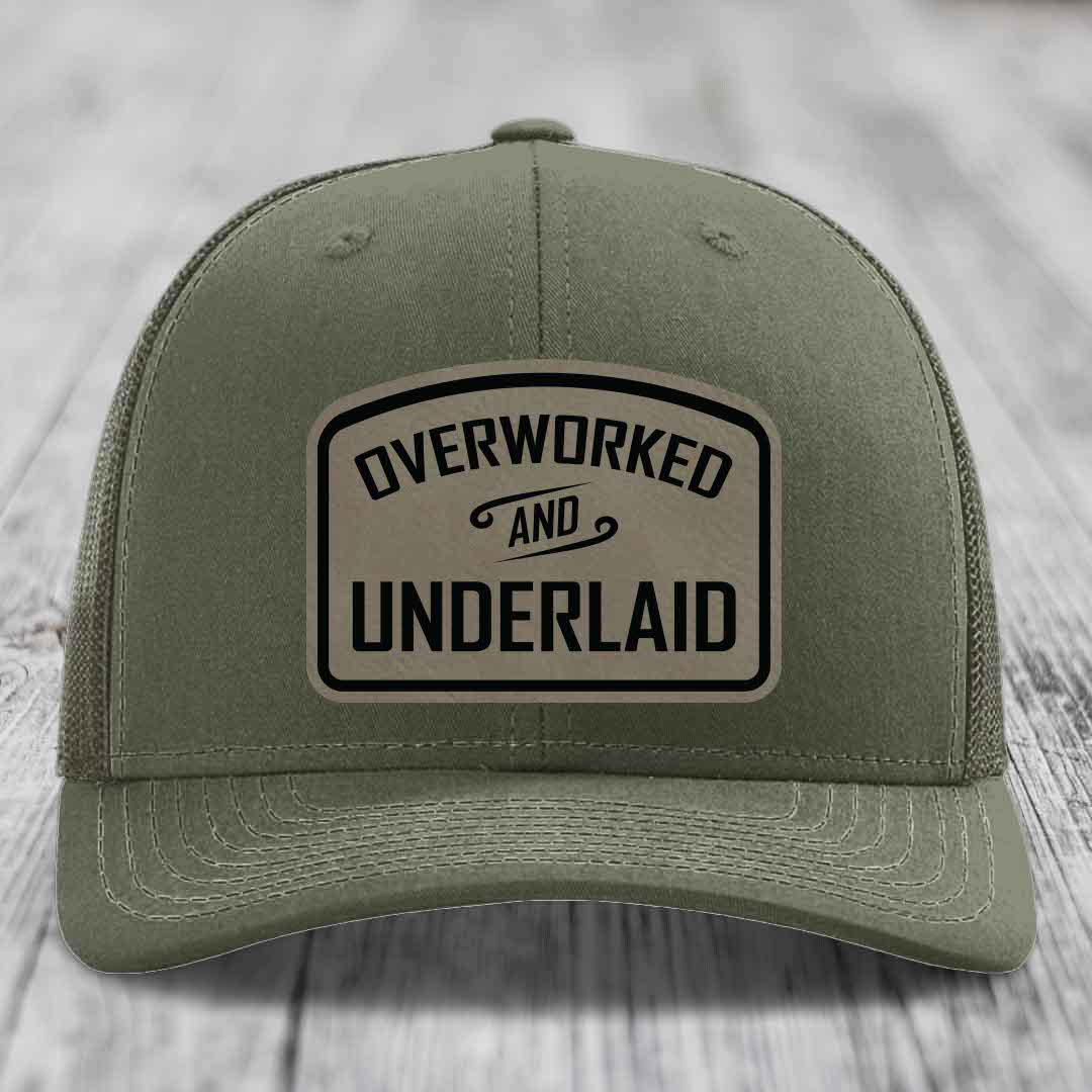 Overworked and Underlaid - Leather Patch Hat - Light Brown to Black Patch - Richardson 112 Snapback Trucker Hat