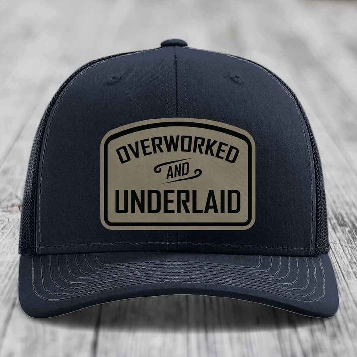 Overworked and Underlaid - Leather Patch Hat - Light Brown to Black Patch - Richardson 112 Snapback Trucker Hat