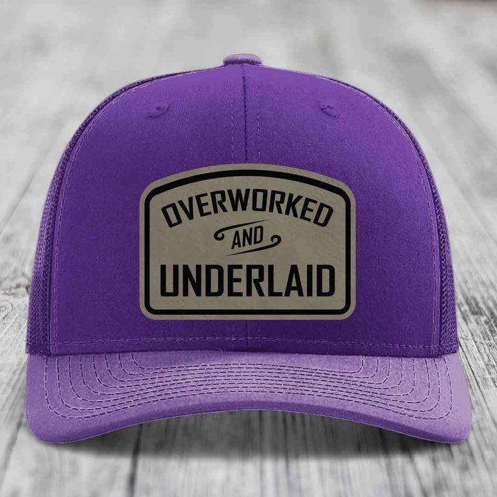 Overworked and Underlaid - Leather Patch Hat - Light Brown to Black Patch - Richardson 112 Snapback Trucker Hat