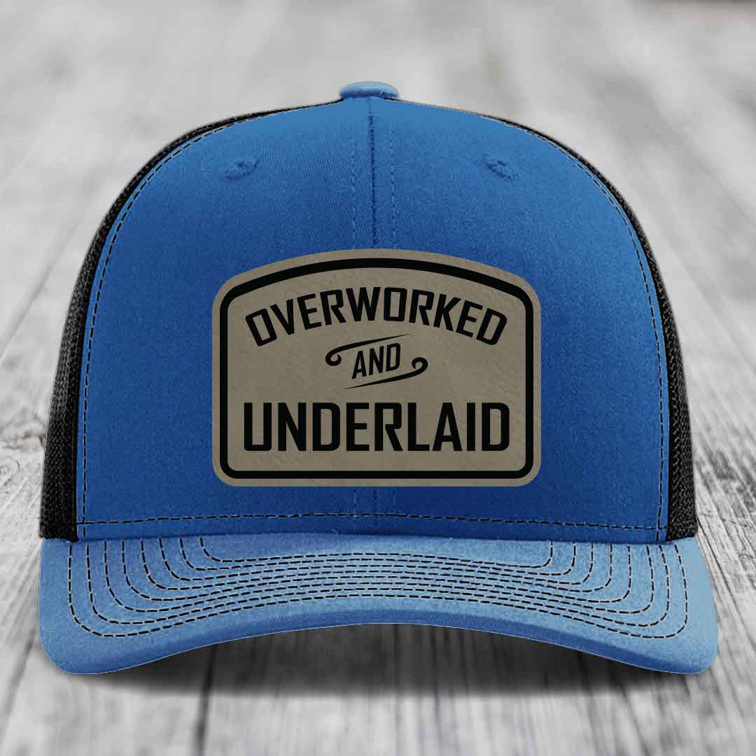 Overworked and Underlaid - Leather Patch Hat - Light Brown to Black Patch - Richardson 112 Snapback Trucker Hat