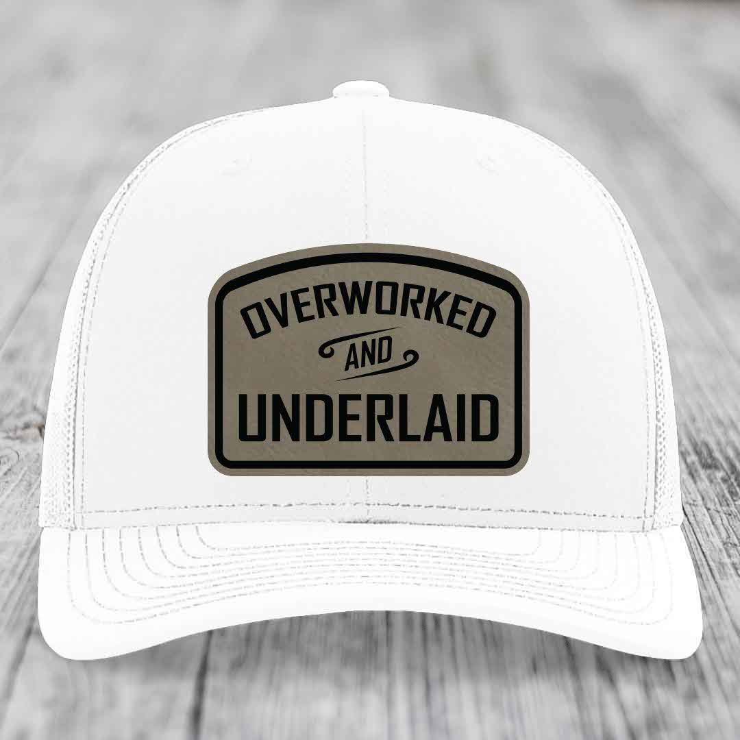 Overworked and Underlaid - Leather Patch Hat - Light Brown to Black Patch - Richardson 112 Snapback Trucker Hat