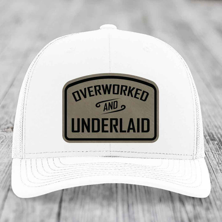 Overworked and Underlaid - Leather Patch Hat - Light Brown to Black Patch - Richardson 112 Snapback Trucker Hat