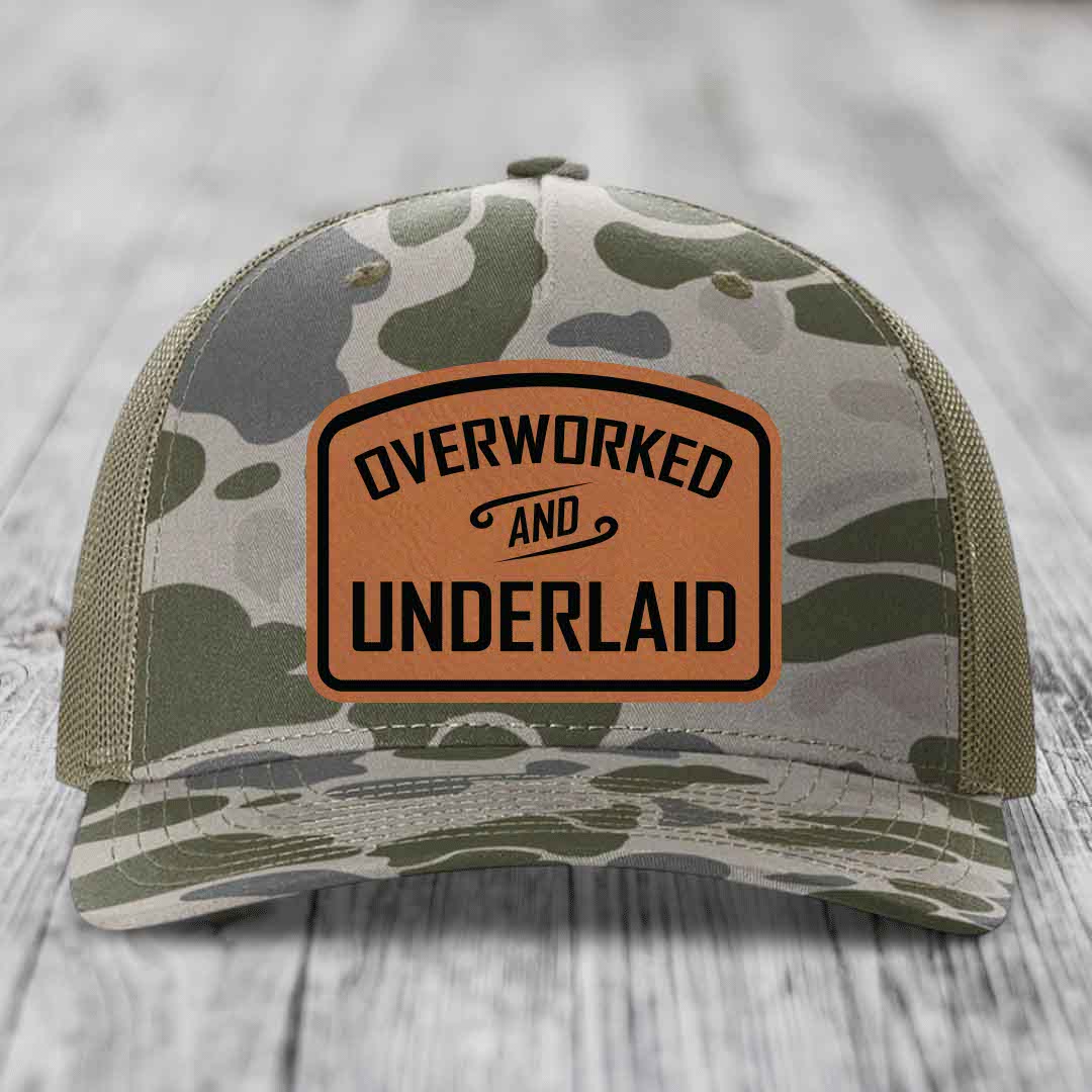 Overworked and Underlaid - Leather Patch Hat - Rawhide to Black Patch - Richardson 112PFP Snapback Trucker Hat