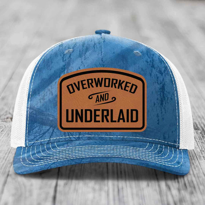 Overworked and Underlaid - Leather Patch Hat - Rawhide to Black Patch - Richardson 112PFP Snapback Trucker Hat