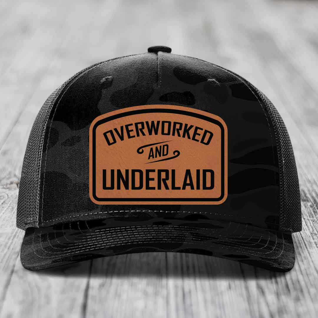 Overworked and Underlaid - Leather Patch Hat - Rawhide to Black Patch - Richardson 112PFP Snapback Trucker Hat