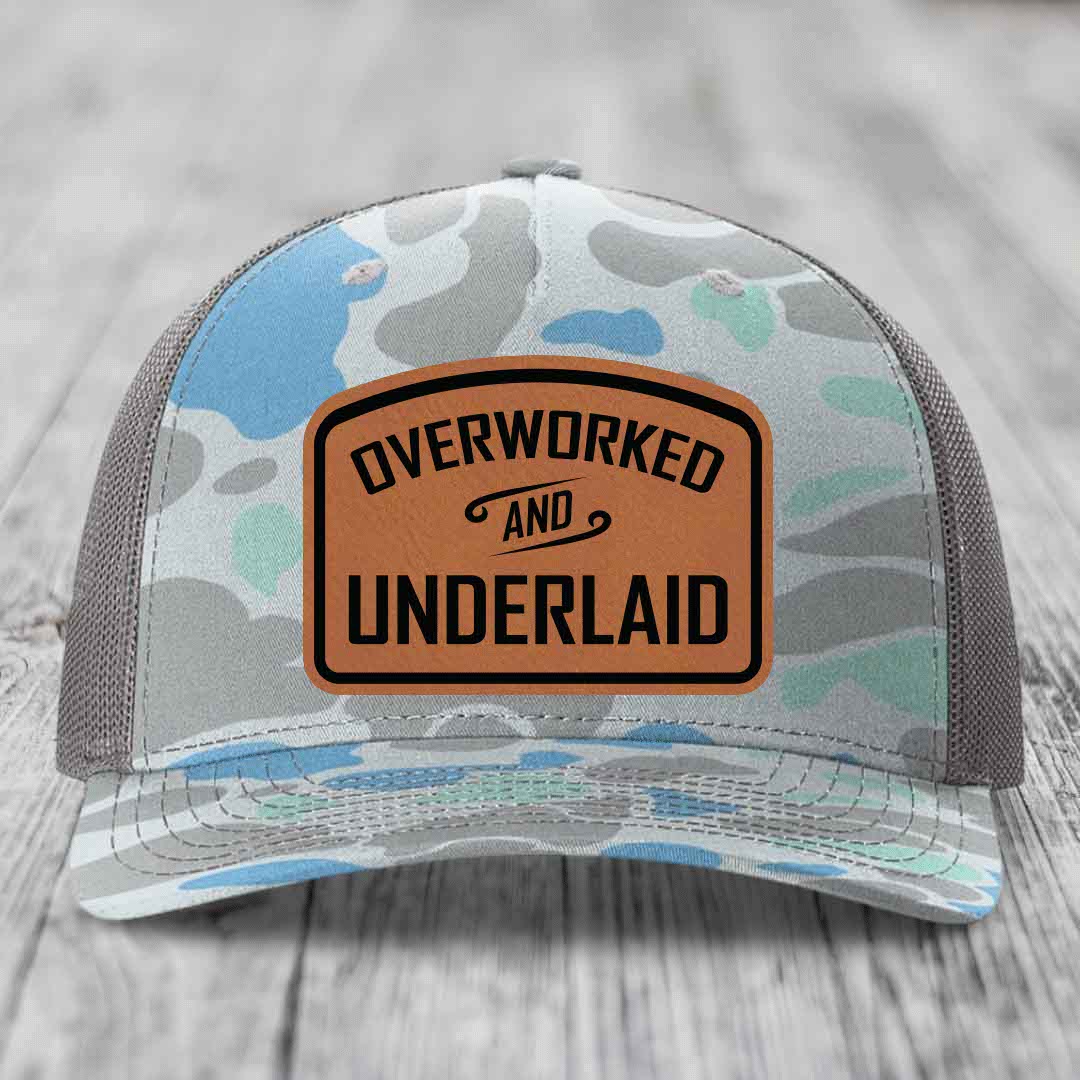 Overworked and Underlaid - Leather Patch Hat - Rawhide to Black Patch - Richardson 112PFP Snapback Trucker Hat
