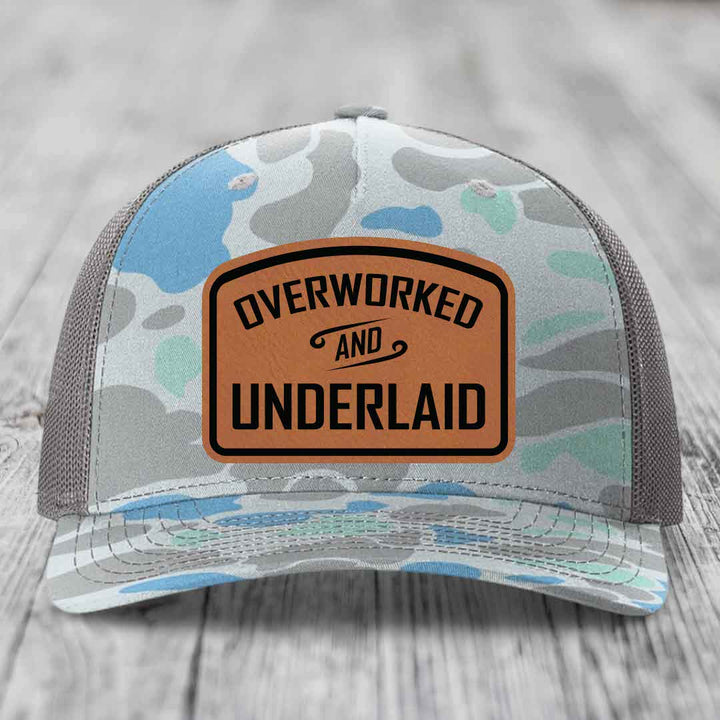 Overworked and Underlaid - Leather Patch Hat - Rawhide to Black Patch - Richardson 112PFP Snapback Trucker Hat